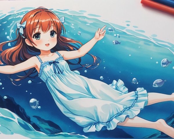 Anime-style illustration of a girl swimming underwater