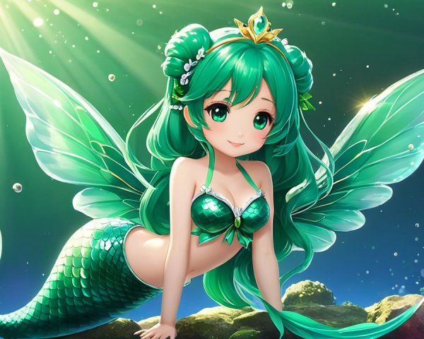 Vibrant Mermaid with Green Hair in Underwater Scene