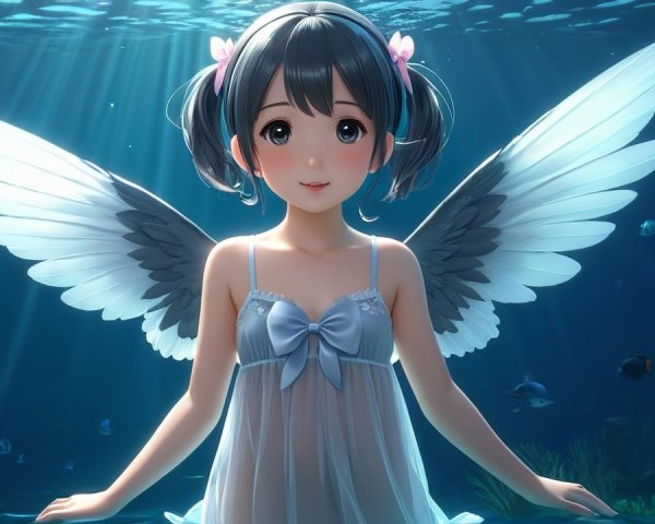 Young girl with angel wings swimming underwater