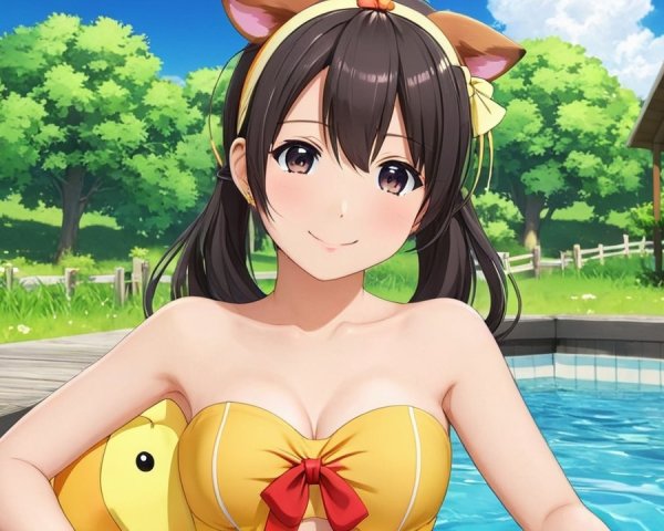 Young woman in yellow swimsuit by sparkling pool