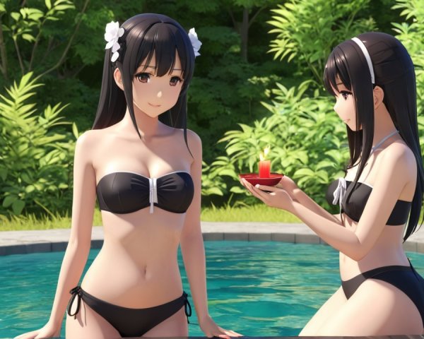 Animated Characters by Pool in Lush Greenery