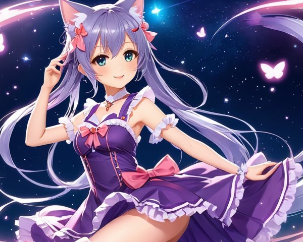 Cheerful anime character with lavender hair and cat ears