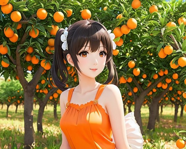 Young Woman in Orange Orchard Surrounded by Fruit