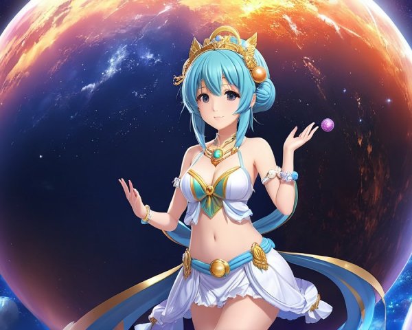 Celestial Character Against Vibrant Cosmic Backdrop