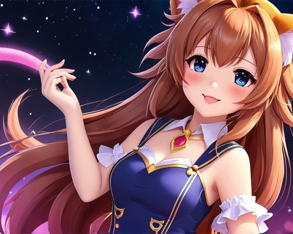 Cheerful anime girl with cat ears in starry night scene
