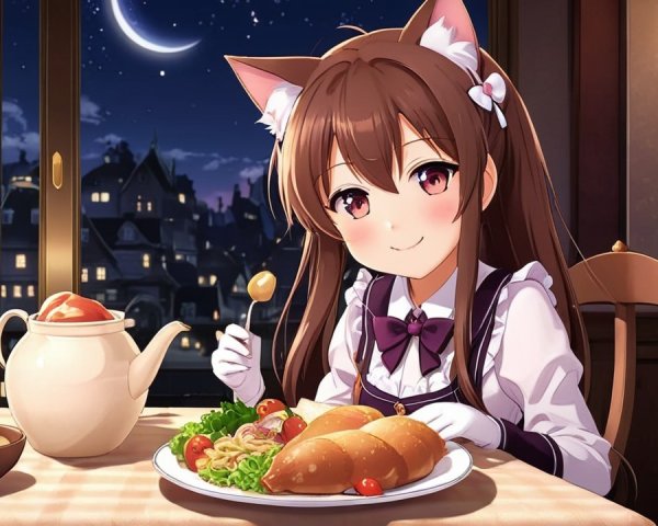 Anime girl with cat ears at a cozy dinner table