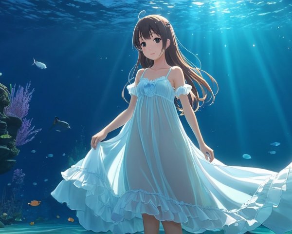 Underwater Scene with Girl in White Dress and Coral Reefs