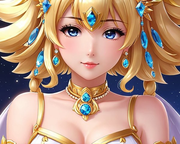 Fantasy Character with Blonde Hair and Blue Jewels