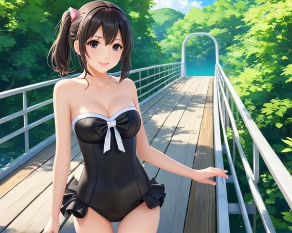 Young Woman in Black Swimsuit on Wooden Bridge