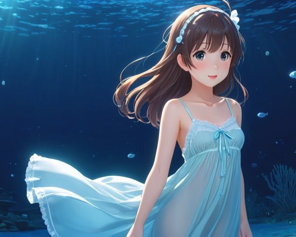 Underwater Scene with Woman in Light Blue Dress