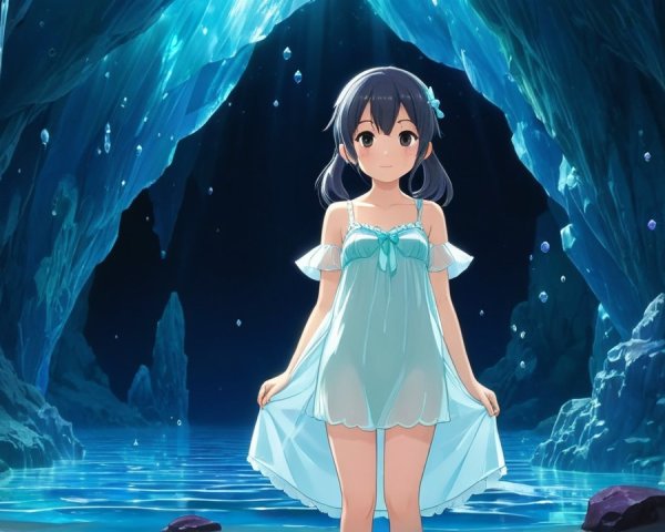 Young girl in a serene underwater cave with blue light
