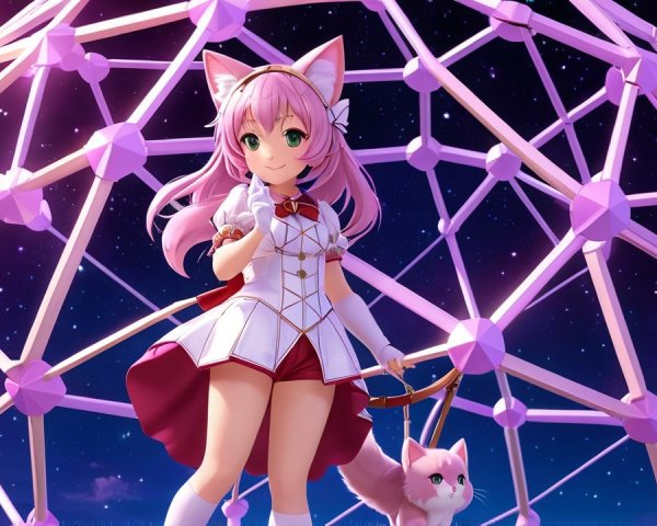 Whimsical anime character with pink hair and cat ears