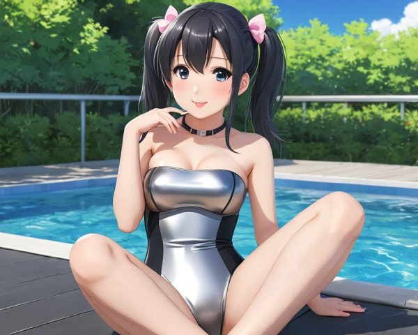 Cheerful anime girl in silver swimsuit by poolside
