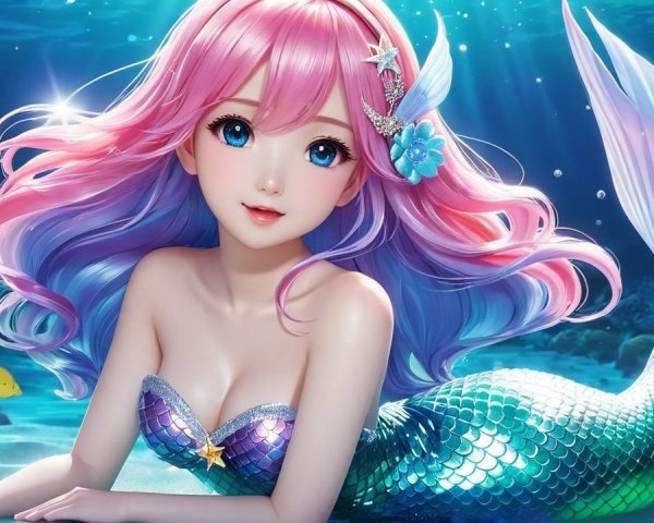 Vibrant Mermaid in Crystal-Clear Underwater Scene