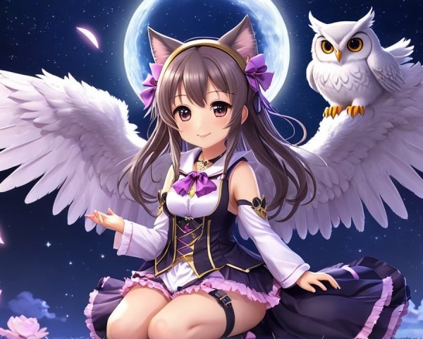 Playful girl with cat ears and angel wings at night