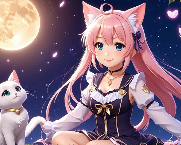 Girl with Pink Hair and Cat Ears Under Full Moon