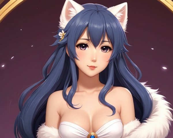 Character with Blue Hair and Cat Ears in Elegant Outfit