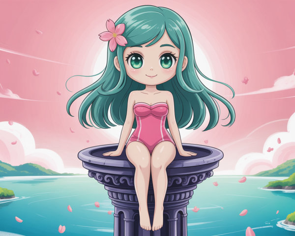 Chibi Anime Girl in Pink Swimsuit on Purple Pedestal