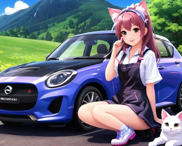 Cheerful Anime Girl with Cat Ears and Blue Car Scene