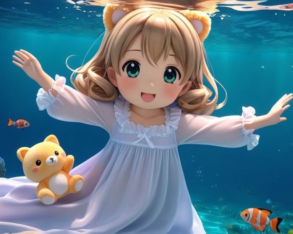 Cheerful anime girl swimming with teddy bear underwater