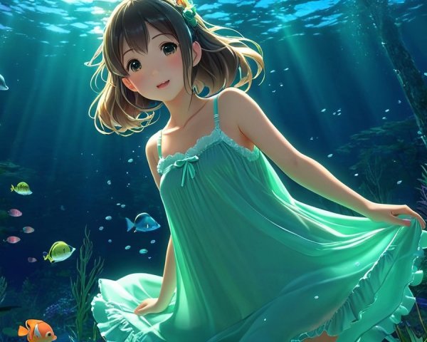 Underwater Scene with Girl in Green Dress and Fish