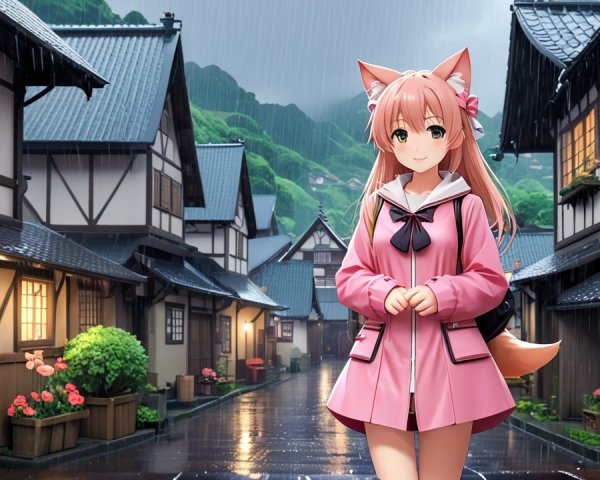 Anthropomorphic girl in pastel coat on cobblestone street