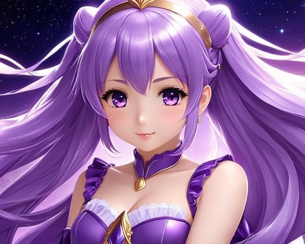 Anime Character with Purple Hair and Celestial Theme