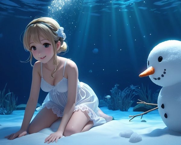 Young girl in white dress with snowman underwater
