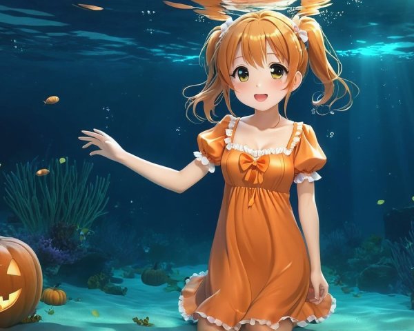 Underwater Character with Orange Hair and Pumpkins