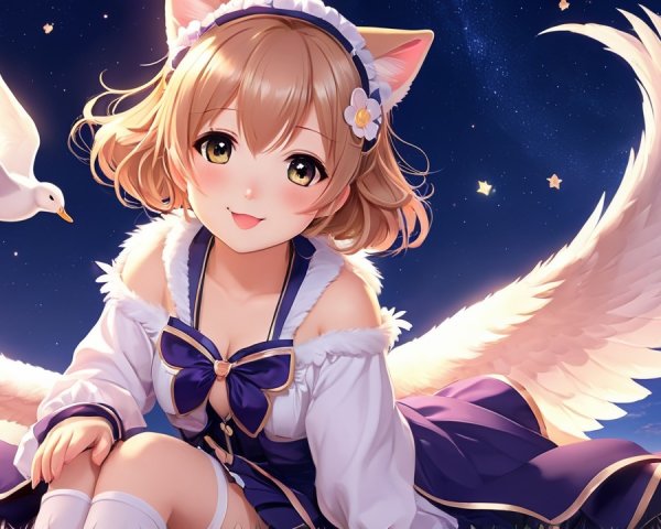 Cute Anime Girl with Cat Ears and Angel Wings