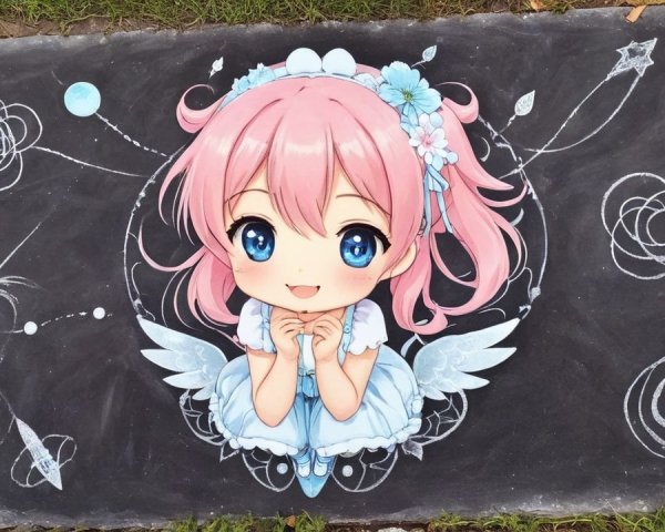 Vibrant Chalk Drawing of Anime Girl with Wings