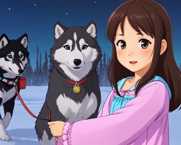 Young girl in pink nightgown with huskies in snow