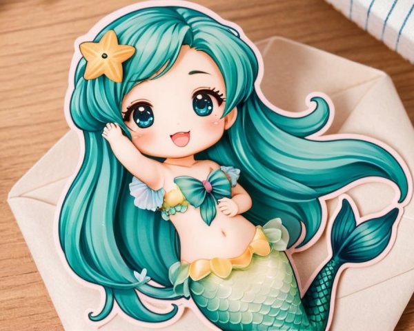Chibi-style Mermaid with Teal Hair and Shimmering Tail