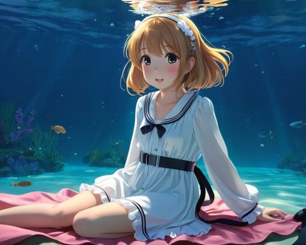 Young girl underwater amidst coral and colorful fish