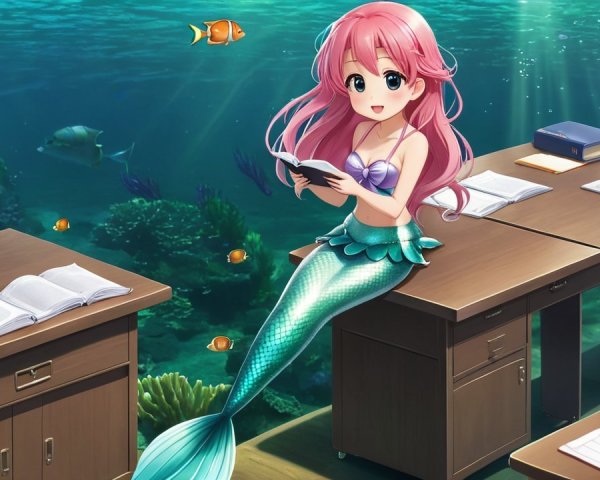 Whimsical Underwater Classroom with a Cheerful Mermaid