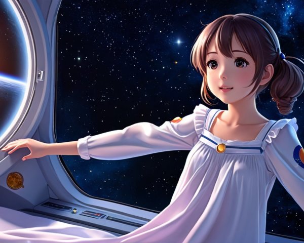 Young girl in nightgown gazes at Earth from spaceship