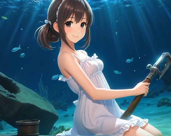 Young girl underwater with marine life and sunlight