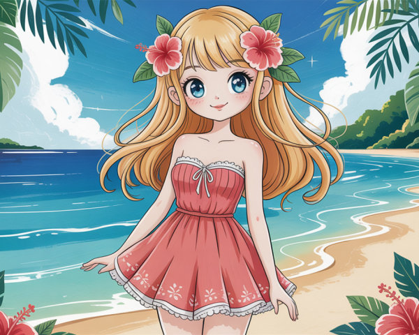 Anime Style Young Girl on Tropical Beach Scene