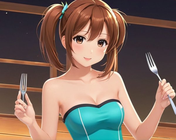 Cheerful woman in turquoise dress with playful expression