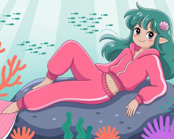 Cartoon Mermaid Illustration with Pink Tracksuit and Fish