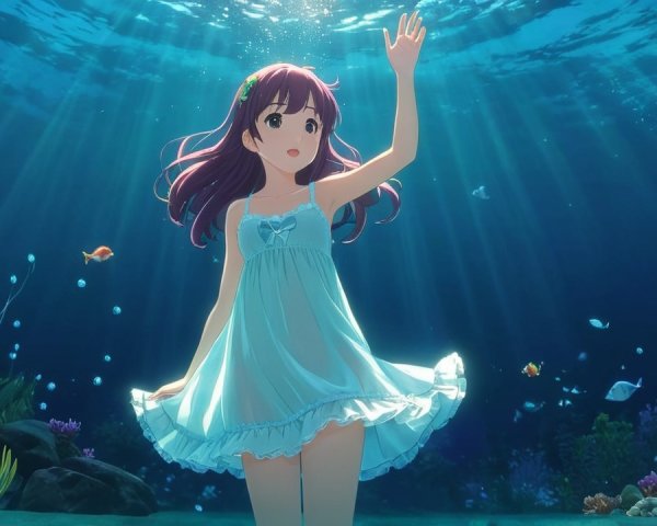 Young girl in blue dress in vibrant underwater scene