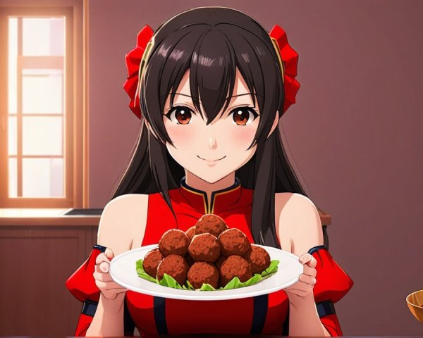 Cheerful girl in red outfit presents meatballs in kitchen