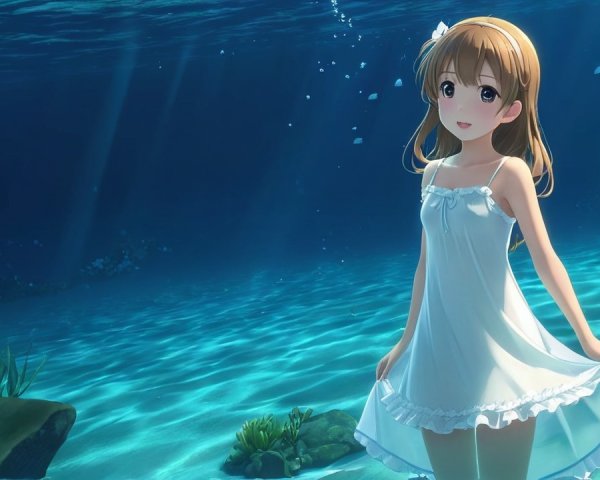 Cheerful anime character in serene underwater scene