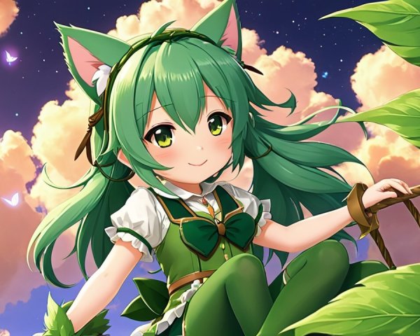 Cheerful anime character in a whimsical nature scene