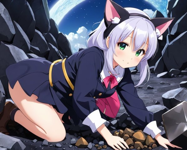 Anime Character with Cat Ears in Celestial Setting