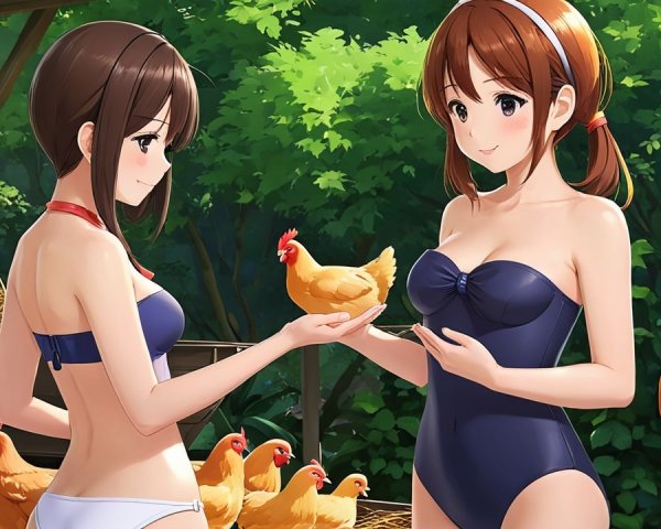 Young Women in Swimsuits at Sunny Farm with Chickens