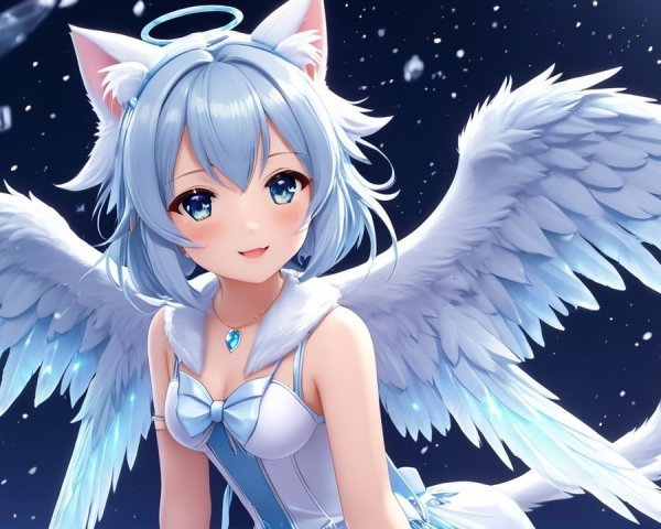 Whimsical anime character with blue hair and wings