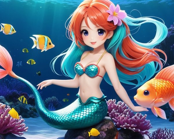 Vibrant Underwater Scene with Cheerful Mermaid