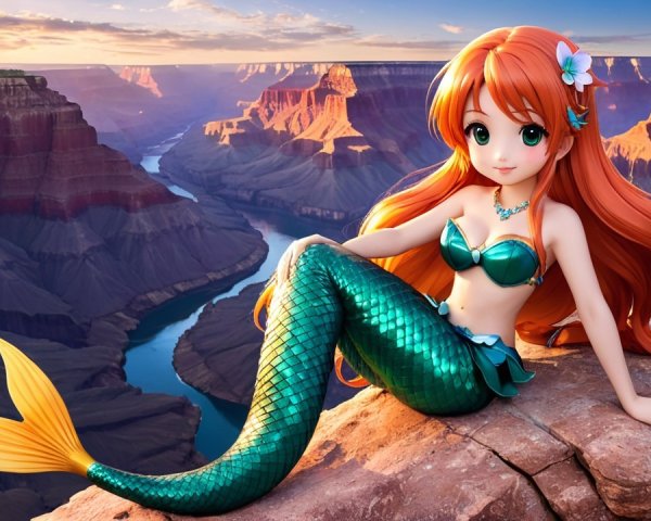 Mermaid on a Rocky Ledge Overlooking Grand Canyon