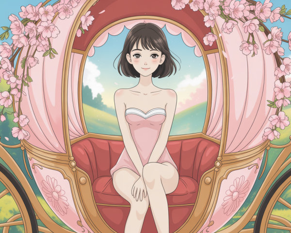 Young woman in pink dress in fantasy carriage setting